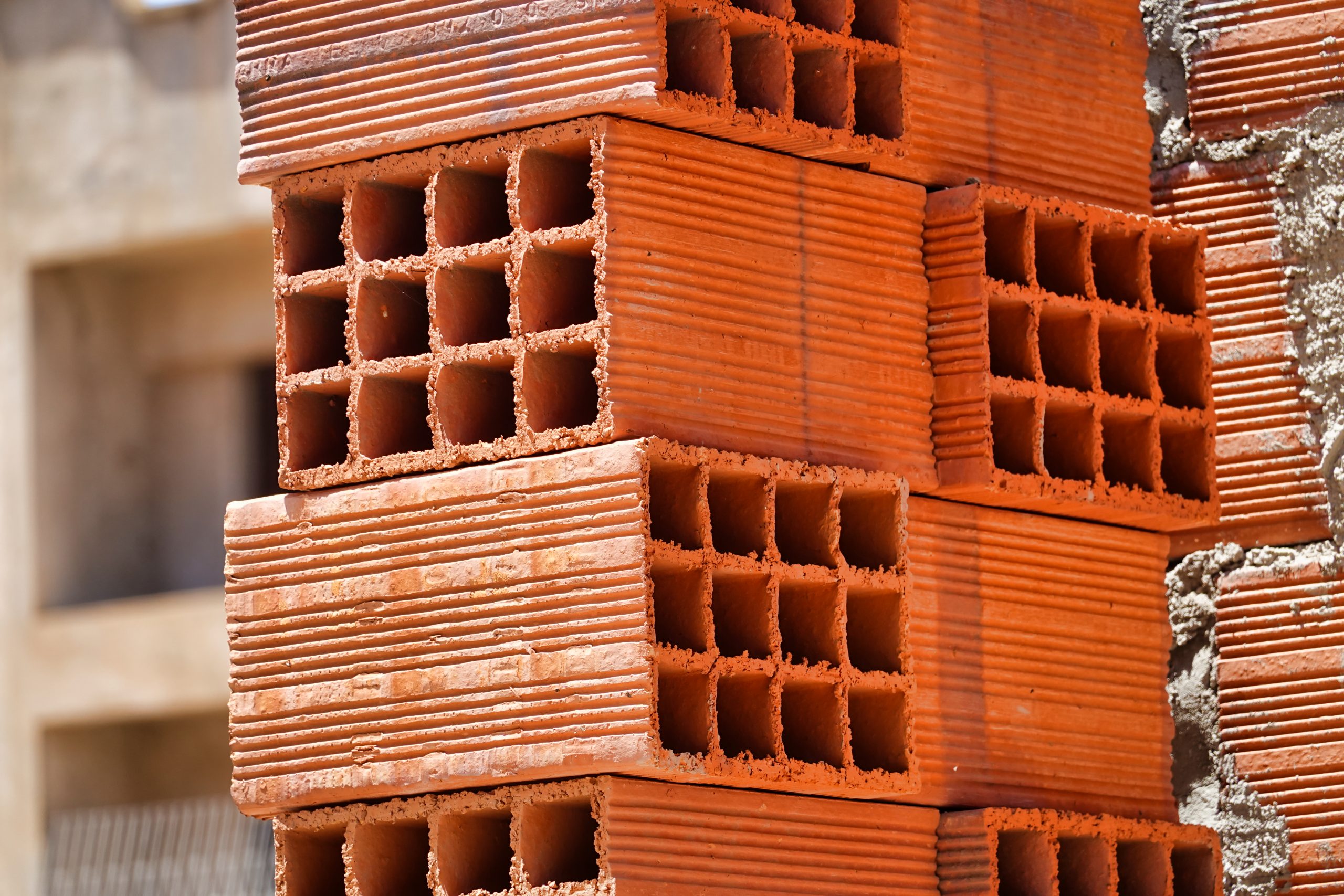 A Closeup of material for the brick wall in an industrial area for building  construction